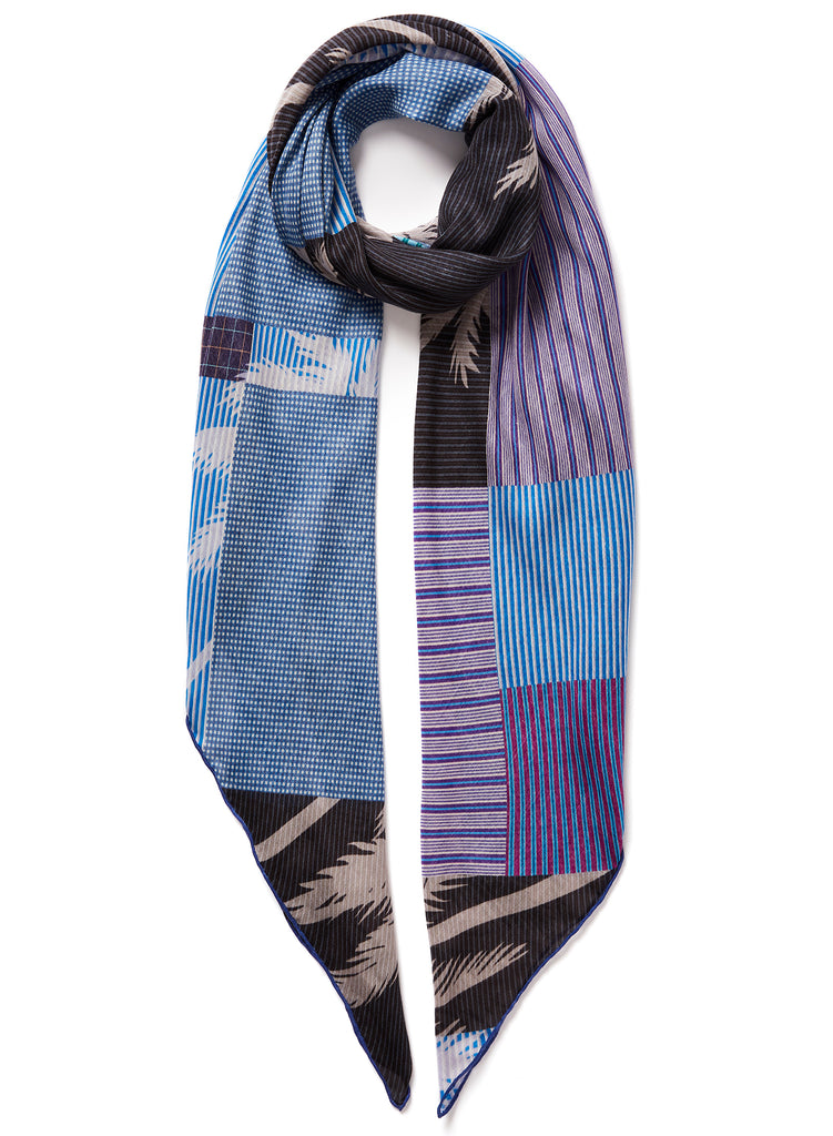 The Paradise Square, dark blue printed modal cashmere-blend scarf – tied
