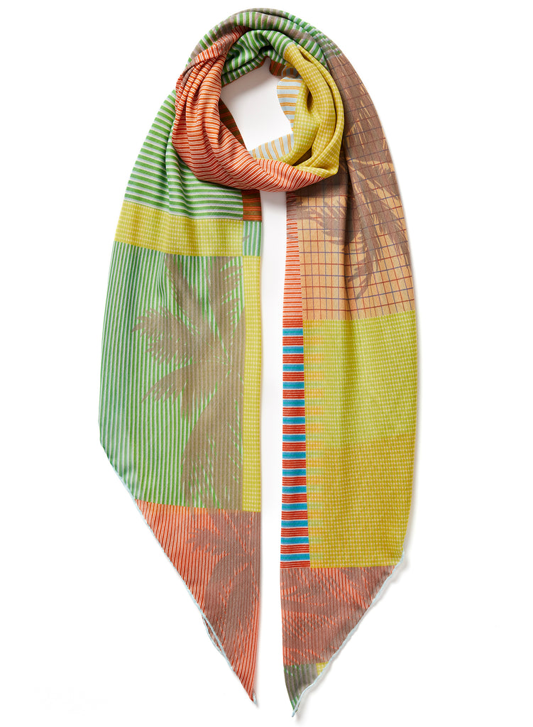 The Paradise Square, yellow, orange and green printed modal cashmere-blend scarf – tied