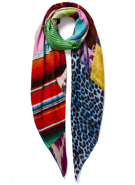 The Chaos Square, blue multicolour printed modal and cashmere-blend scarf – tied