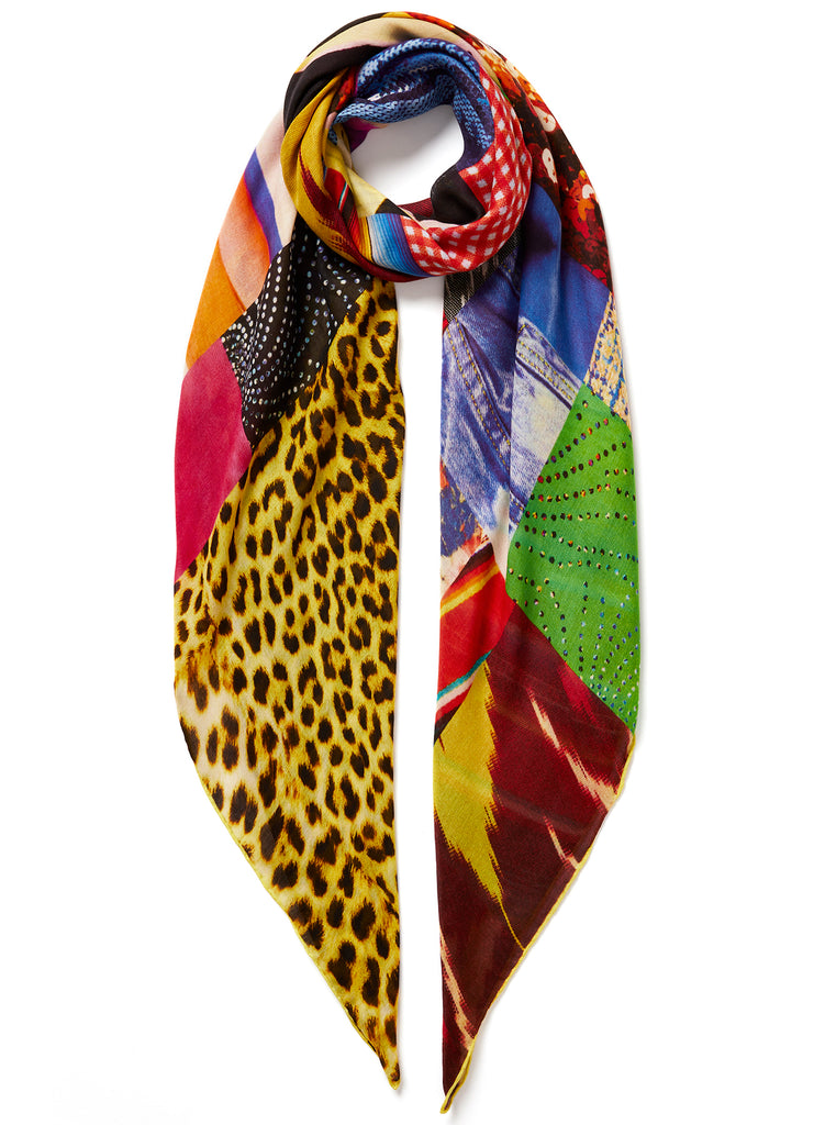 The Chaos Square, yellow multicolour printed modal and cashmere-blend scarf – tied