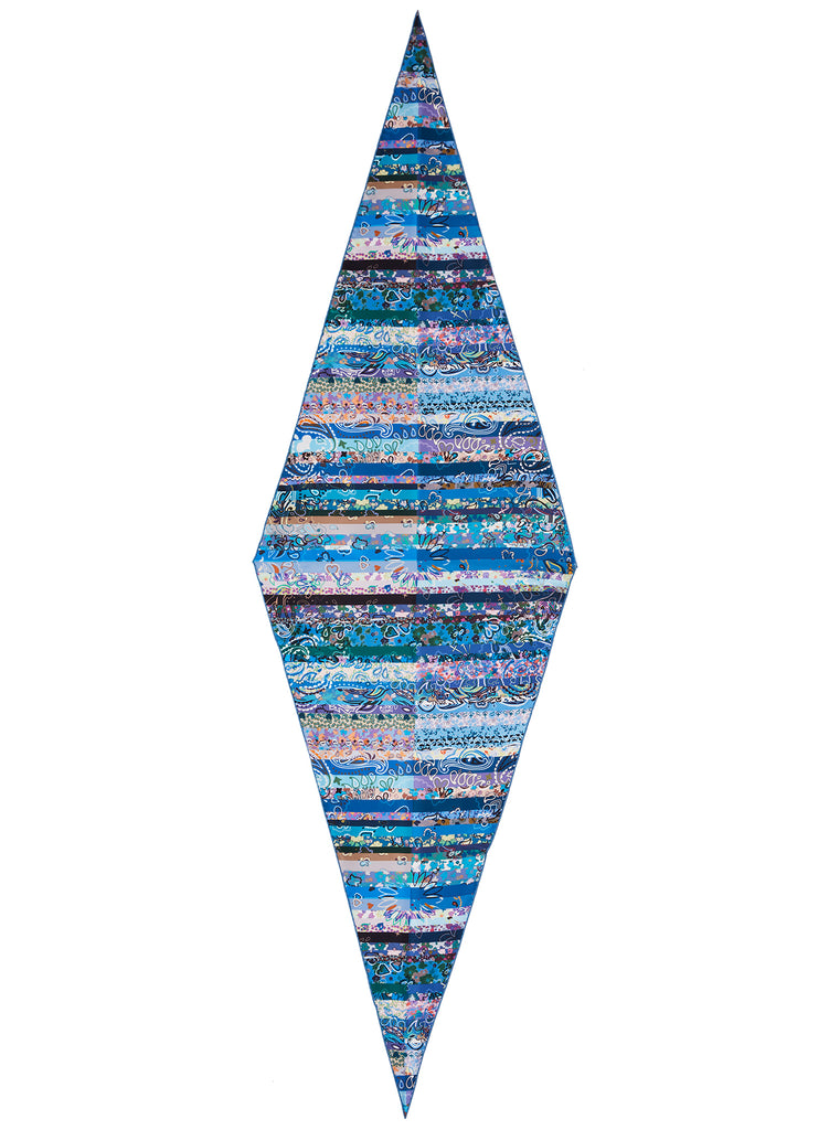 The Anagram Necker, blue multicolour printed silk twill scarf – flat