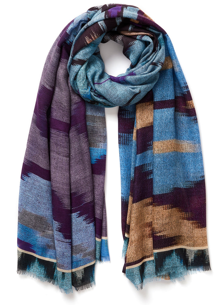 The Ikat Wrap, tonal blue and purple printed modal and cashmere wrap – tied