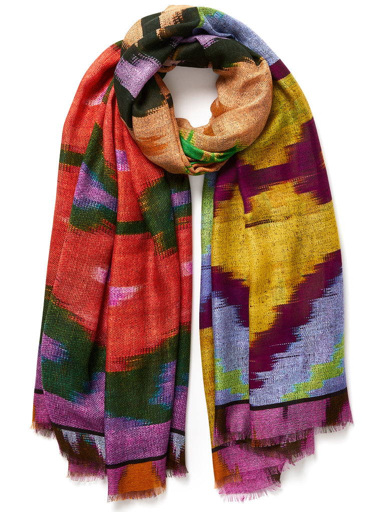The Ikat Wrap, purple multicolour printed modal and cashmere wrap – tied