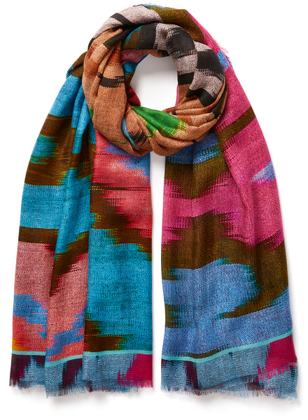 The Ikat Wrap, blue multicolour printed modal and cashmere wrap – tied