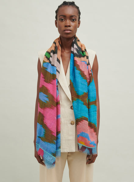 The Ikat Wrap, blue multicolour printed modal and cashmere wrap - model 1