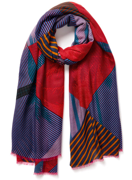 The Paradise Wrap, red and blue printed modal cashmere-blend scarf – tied