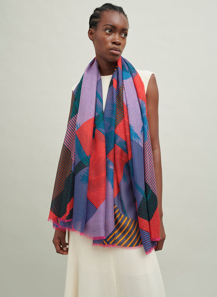 The Paradise Wrap, red and blue printed modal cashmere-blend scarf – model 1