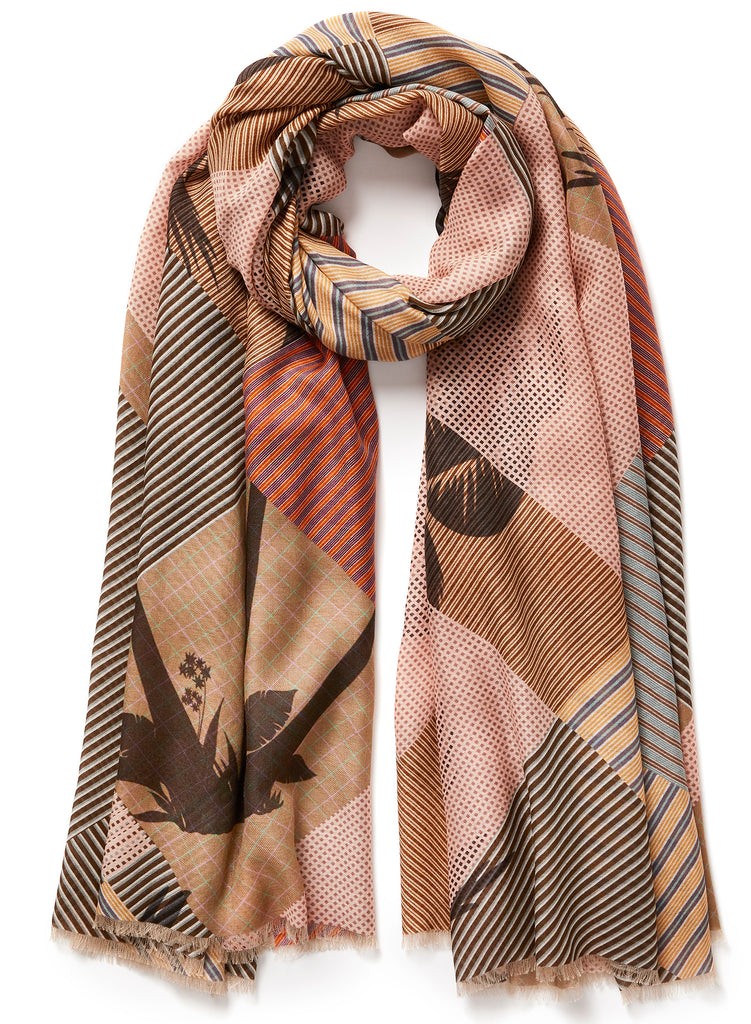 The Paradise Wrap, pink and neutral printed modal cashmere-blend scarf – tied