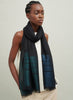 The Tango Scarf, black pure cashmere scarf with metallic stripes – model