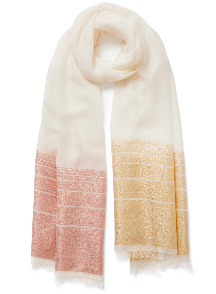 The Tango Scarf, white pure cashmere scarf with metallic stripes – tied