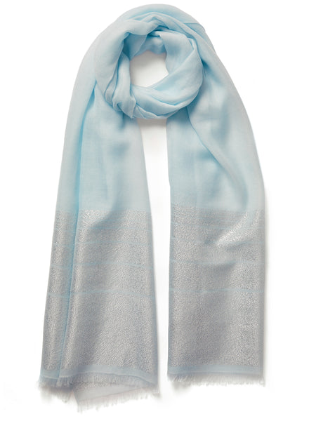 The Tango Scarf, pale blue pure cashmere scarf with metallic stripes – tied