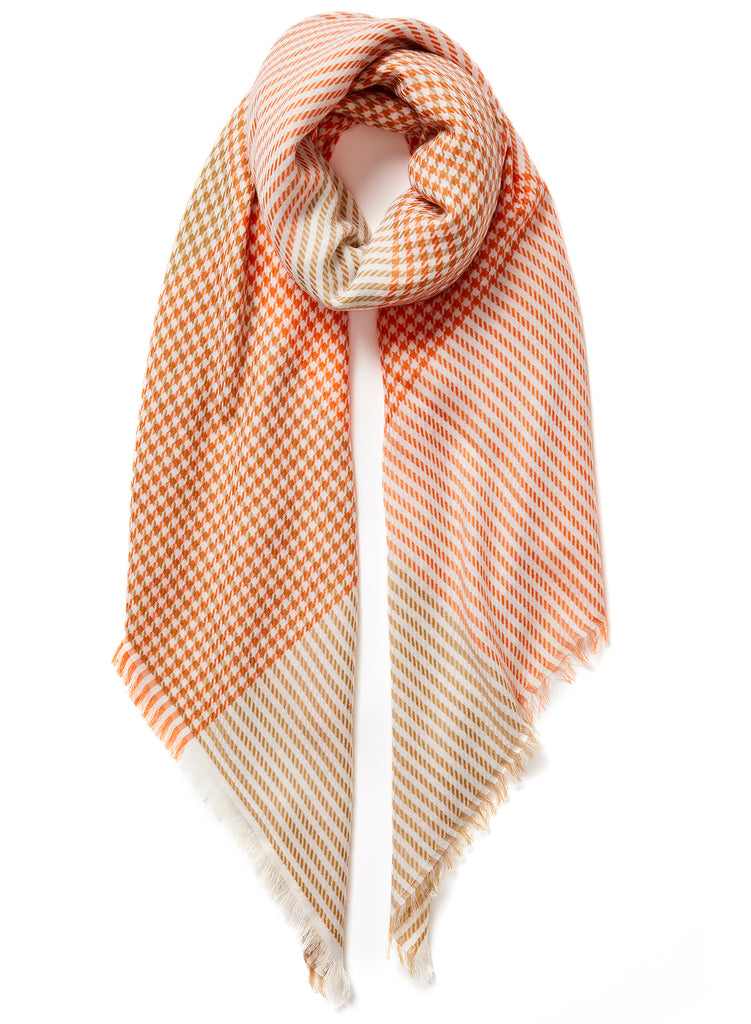 The Jenga Square, orange and camel checked lambswool scarf – tied