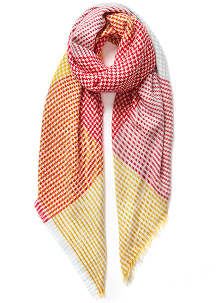The Jenga Square, yellow, red and blue checked lambswool scarf – tied