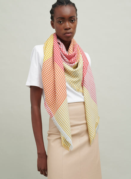 The Jenga Square, yellow, red and blue checked lambswool scarf – model
