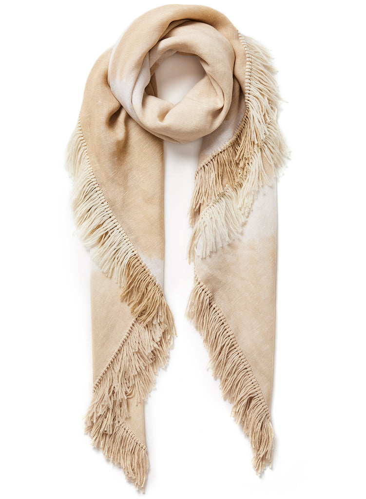 The Island Square, neutral fringed cashmere and linen-blend scarf – tied