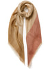 The Shimmer Square, camel pure cashmere scarf with red metallic border – tied