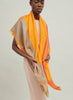 The Shimmer Square, orange pure cashmere scarf with blue metallic border – model 3