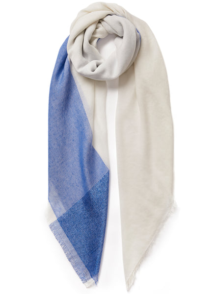 The Shimmer Square, white pure cashmere scarf with blue metallic border – tied