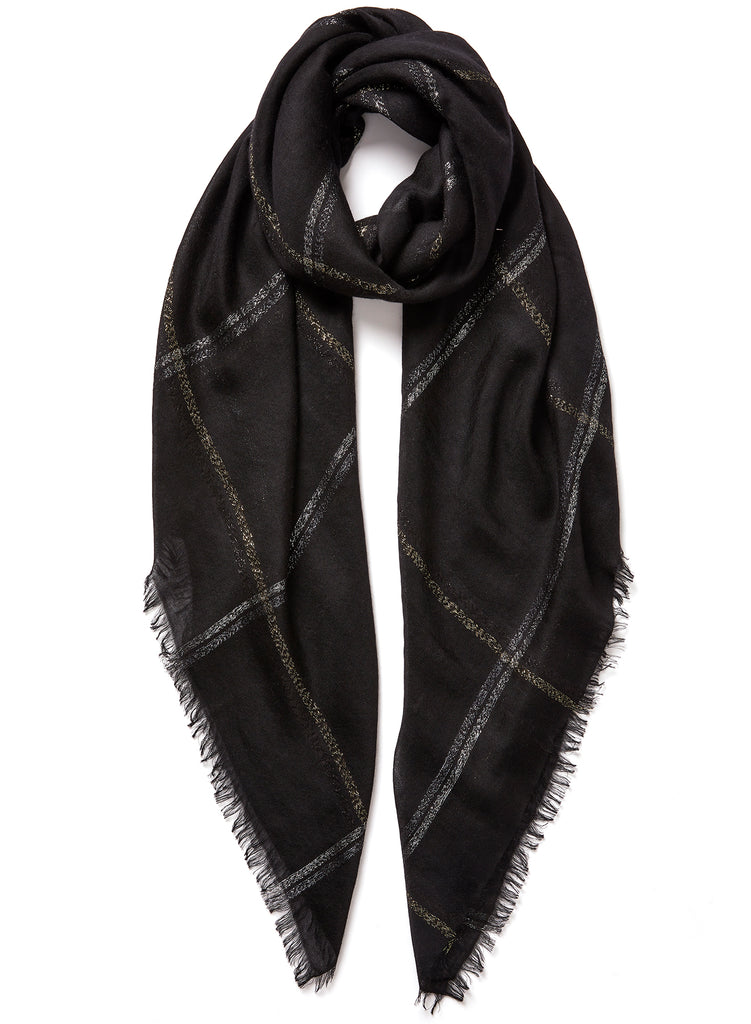 The Lattice Square, black cashmere scarf with metallic check – tied