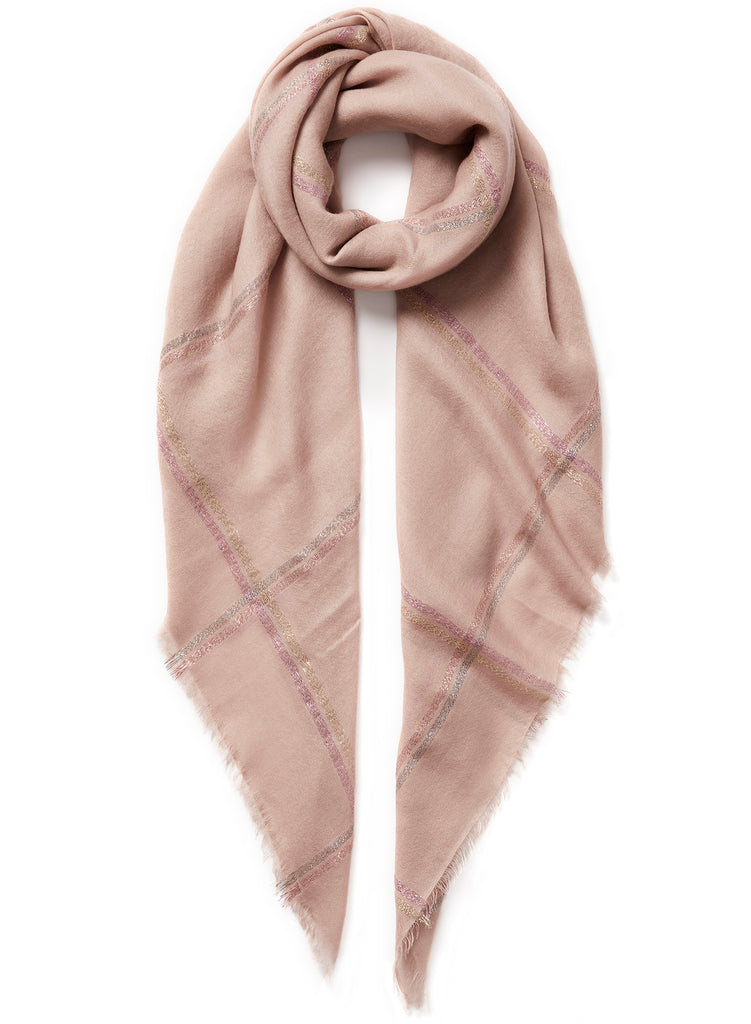 The Lattice Square, pink cashmere scarf with metallic check – tied