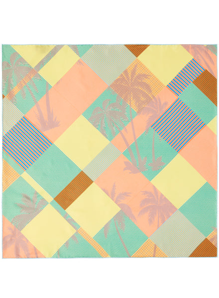 The Paradise Square, yellow, orange and green printed silk twill scarf – flat