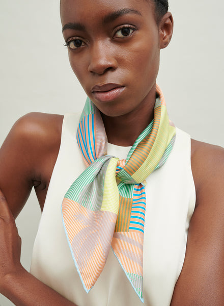 The Paradise Petit Foulard, yellow, orange and green silk twill scarf – model 1