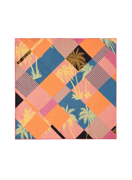 The Paradise Petit Foulard, orange, pink and blue silk twill scarf – flat