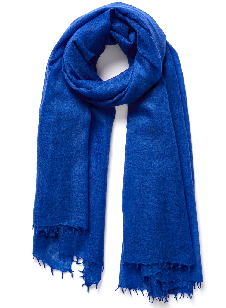 The Featherweight, bright blue woven cashmere scarf – tied