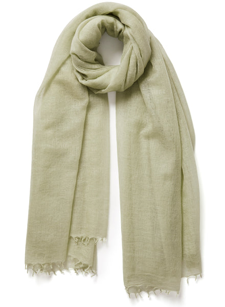 The Featherweight, light green woven cashmere scarf – tied