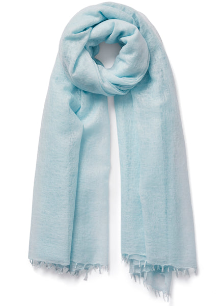 The Featherweight, light blue woven cashmere scarf – tied