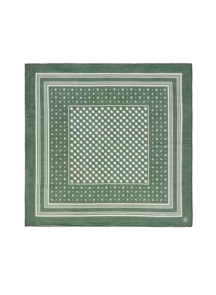 The Frutti Neckerchief, green printed cotton silk-blend scarf – flat