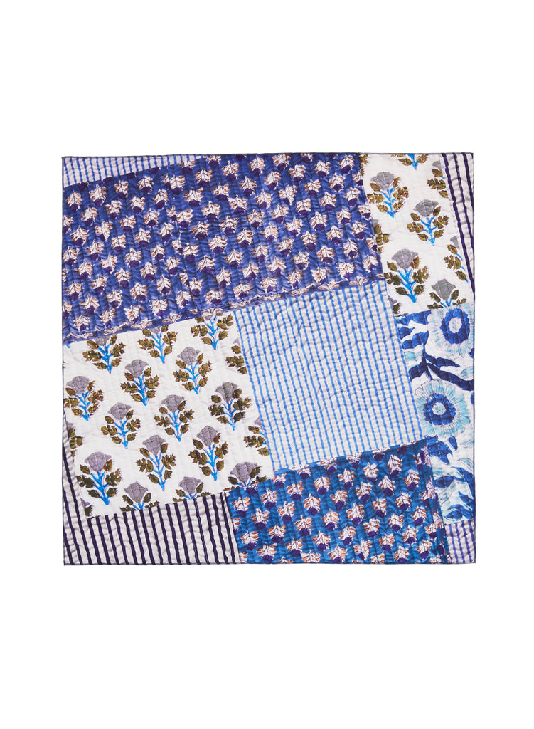 The Block Print Neckerchief, blue and white printed still twill scarf – flat