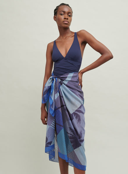 The Paradise Pareo, dark blue printed cotton and silk-blend pareo - model 2