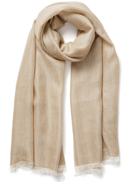 The Summer Cosmos Scarf, neutral cashmere and linen scarf with silver Lurex - tied