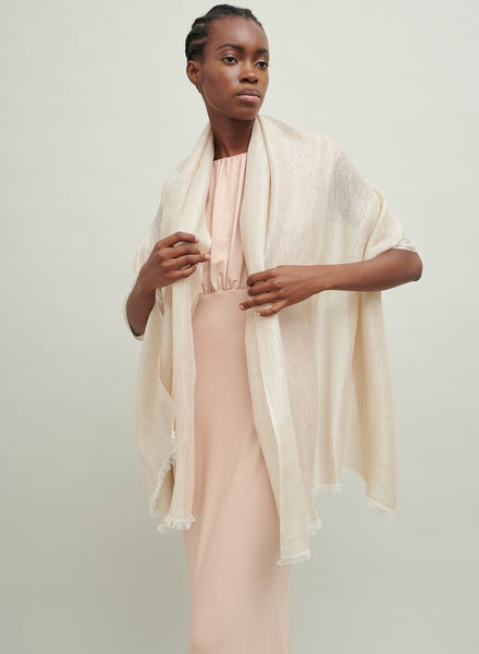 The Summer Cosmos Scarf, neutral cashmere and linen scarf with silver Lurex – model