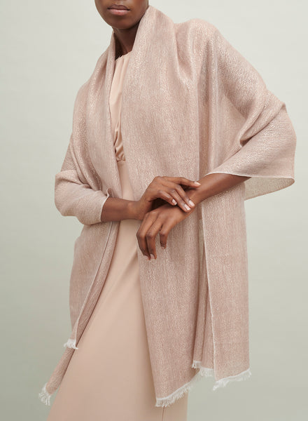 The Summer Cosmos Scarf, pink cashmere and linen scarf with rose gold Lurex – model