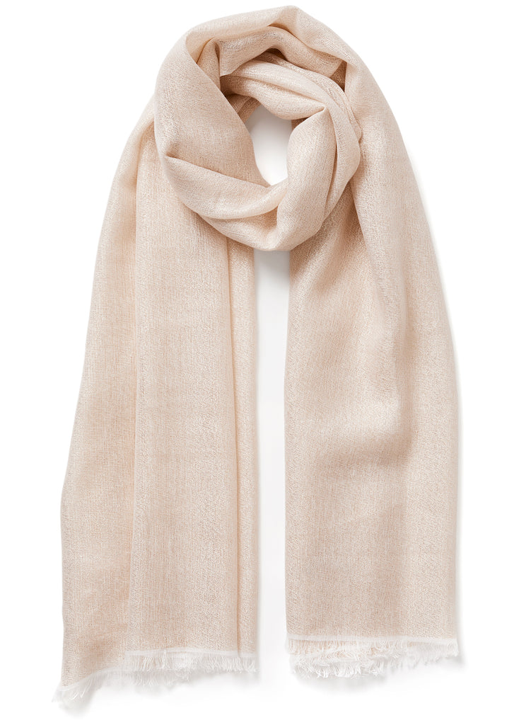 The Summer Cosmos Scarf, white cashmere and linen scarf with rose gold Lurex - tied