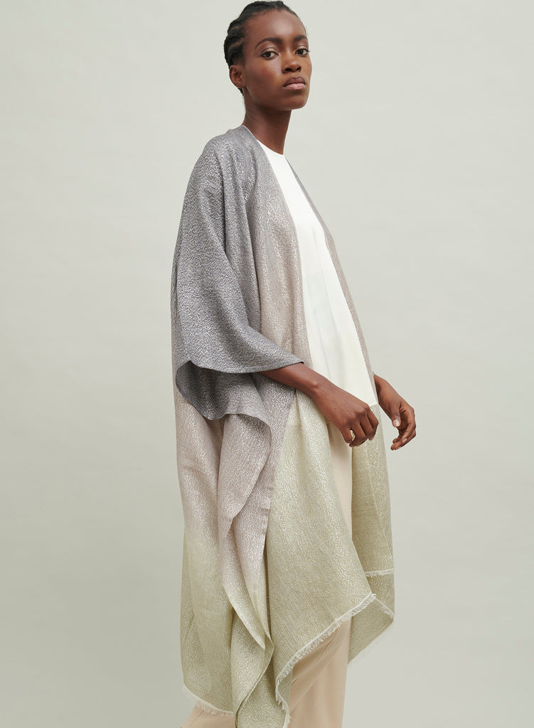 The Long Kaftan, charcoal and green cashmere, linen and Lurex kaftan – model 1