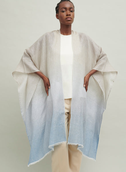 The Long Kaftan, sky blue and neutral ombré cashmere, linen and Lurex kaftan – model 1
